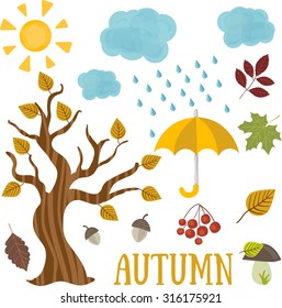 Vector set of different colorful autumn elements. Doodle childish style.