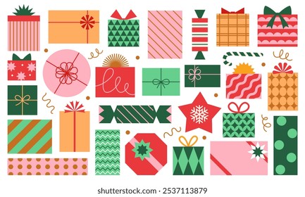 Vector set of different colorful Christmas gift boxes isolated on white background. Modern mid century clip art of present boxes in red, green, pink and gold colors.