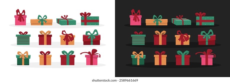 Vector set of different colorful Christmas gift boxes isolated on white and black background. Modern mid century clip art of present boxes in red, green, pink and gold colors. sstkChristmas