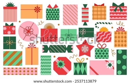 Vector set of different colorful Christmas gift boxes isolated on white background. Modern mid century clip art of present boxes in red, green, pink and gold colors.