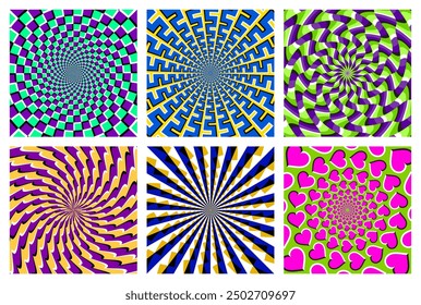 Vector set of different colorful circular patterns. Eye-catching backgrounds with optical moving effect.