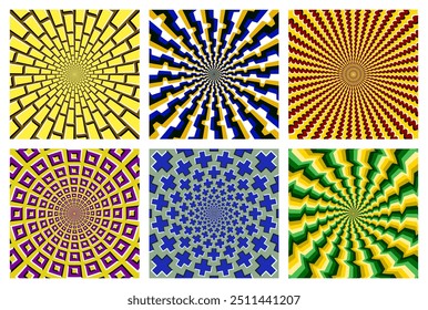 Vector set of different colorful circular patterns. Eye-catching backgrounds with optical illusion as if they are moving.