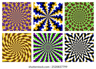 Vector set of different colorful circular patterns. Eye-catching backgrounds with optical effect of moving.