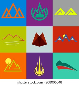 vector set of different colorful flat icons and symbols in form of mountains