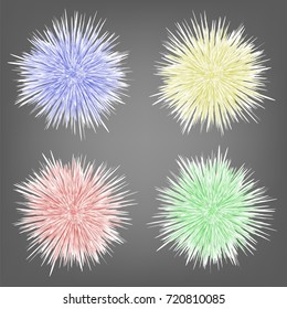 Vector Set of Different Colorful Fur Spheres Isolated on Grey Blurred Background. Fluffy Colored Balls