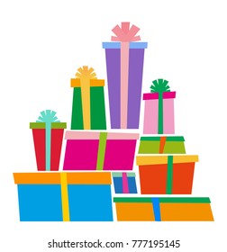 Vector set of different colorful gift boxes isolated on white. Pile of presents. Flat design.