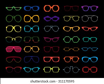 Vector set of different colorful glasses on black background. Retro, wayfarer, aviator, geek, hipster frames. Man and women eyeglasses and sunglasses silhouettes.