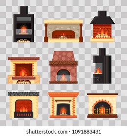 Vector set different colorful home fireplaces with fire and firewood on transparent background. Design elements for room interior in flat style - stock illustration