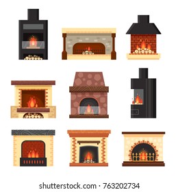 Vector set different colorful home fireplaces with fire and firewood isolated on white background. Design elements for room interior in flat style - stock illustration