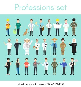 Vector set of different colorful man professions. Cartoon men characters. Doctor, volunteer, vet, firefighter, waiter, judge, programmer, artist, pilot, photographer, barber, astronaut, businessman.