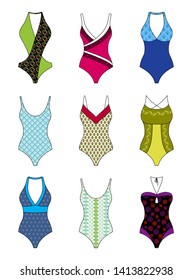 Vector set of different colorful one-piece women swimwear with fashionable pattern for summer vacation, relax on the beach or swimming in the pool, isolated on white background