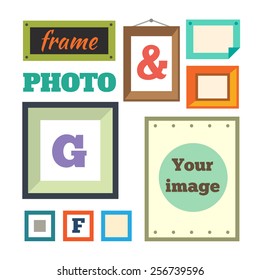 Vector set of different colorful photo frames in flat style: green, red, blue, orange, pink. Retro  frames. Vector flat illustrations. 