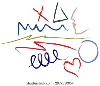 Vector set of different colorful strokes. Cross, triangle, human profile,  spiral, curves, circle, heart.