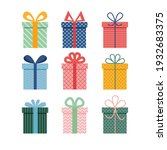 Vector set of different colorful wrapped gift boxes. Christmas gift boxes. Party gifts.
