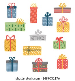 Vector set of different colorful wrapped gift boxes. Christmas gift box.