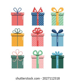 Vector set of different colorful wrapped gift boxes. Christmas gift box. Party gifts.