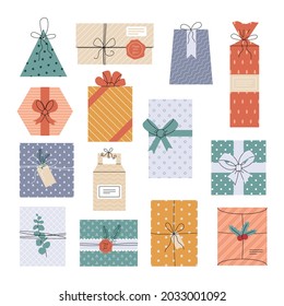 Vector set of different colorful wrapped gift boxes. Christmas gift boxes. Party gifts. Greeting card or banner for a new year, birthday party, holiday in linear simple Scandinavian style