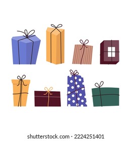 Vector set of different colorful wrapped gift boxes. Christmas and birthday presents. Party concept.