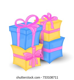 Vector set of different Colorful wrapped gift boxes.Beautiful Christmas and new-year present box with overwhelming bow. Vector illustration