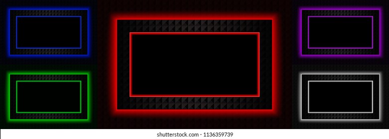 Vector set of  different colors dark rectangular frames with neon glow.