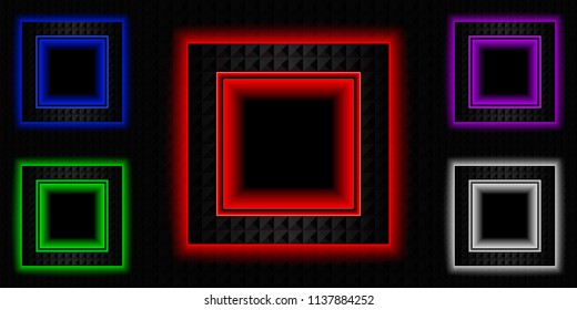 Vector set of  different colors dark square frames with neon glow.
