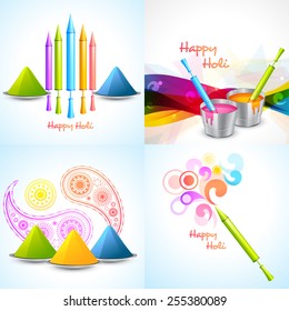 vector set of different colors of holi designs  with pichkari , gulal, bucket illustration