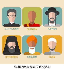 Vector set of different confession man. People of different religion in traditional clothing in trendy flat style. Islam, judaism, buddhism, orthodox, catholic, hinduism icons