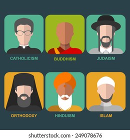 Vector set of different confession man. People of different religion in traditional clothing in trendy flat style. Islam, judaism, buddhism, orthodox, catholic, hinduism icons