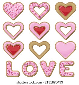 Vector set of different cookies in the form of hearts covered with pink glaze decorated with confectionery topping isolated on white background.