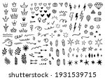 Vector set of different crowns, hearts, stars, crystals, sparkles, arrows, lightnings, diamonds, signs and symbols. Hand drawn, doodle elements isolated on white background.