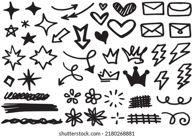 Vector set of different crowns, hearts, stars, crystals, sparkles, arrows, lightning, diamonds, signs and symbols. Hand drawn, doodle element isolated on a white background.
