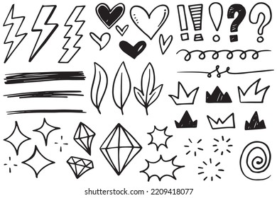 Vektorset verschiedener Kronen, Herzen, Sterne, Kristalle, Funkeln, Pfeile, Blitze, Diamanten, Zeichen und Symbole. Handgezeichnet, doodles Element einzeln auf weißem Hintergrund.

