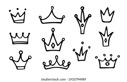Vector set of different crowns and tiaras. Hand drawn, doodle elements isolated on white background.