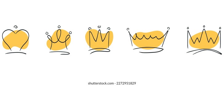 Vector set of different crowns and tiaras. Hand drawn, doodle elements isolated on white background. Vector illustration