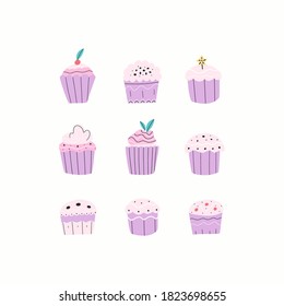 Vector set of different cupcakes, muffins with berries, cream, confetti and other decorations. Bundle of various bakery, confectionery stuff. Cartoon hand drawn flat style. 