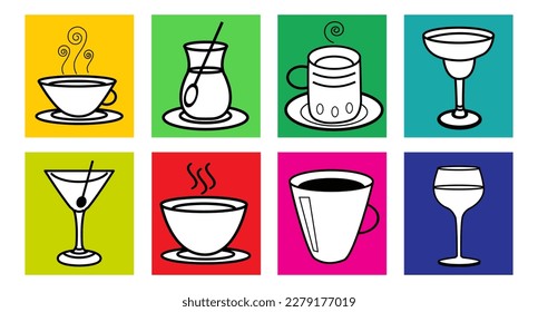 Vector set of different cups  glass  mug, template design useful for graphic designers or coffee shop  restaurant menu or sign  symbols. Website icon. 