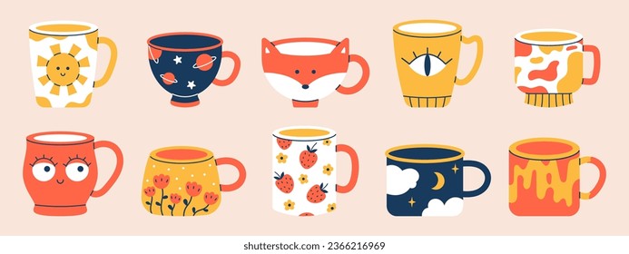 Conjunto vectorial de diferentes tazas de té o café. Alfombras de cerámica de moda con varios adornos. Colección de vasos modernos. Vajilla de colores con flores, ojos, sol, zorro, noche y espacio.