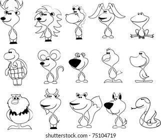 vector set of different cute animals, black and white coloring