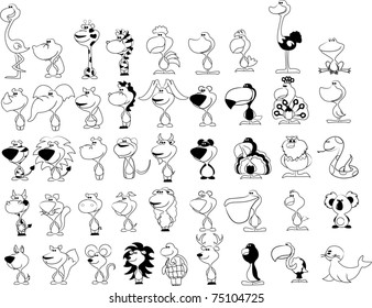 vector set of different cute animals, black and white coloring