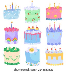 Vector set of different cute cartoon cakes in soft colors isolated on white background