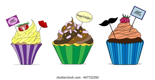 Vector set of different cute cupcakes 