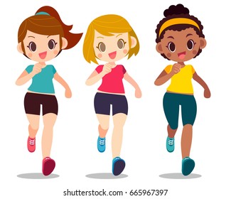 Vector set of different cute girls running isolated on white background.