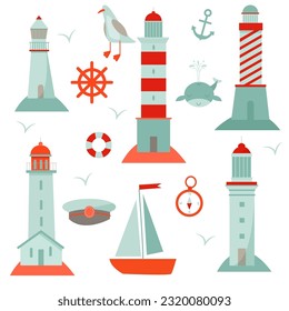 vector set with different cute lighthouses and sea elements