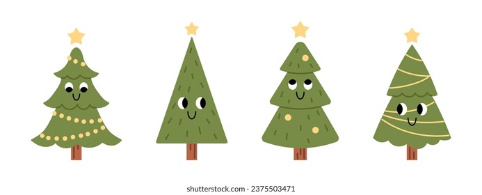 Conjunto de vectores de diferentes adorables árboles de navidad sonrientes. Divertidos abetos infantiles con guirnaldas y bolas. Año Nuevo y celebración de Navidad. Colección de árboles de navidad con caras de diseño plano.