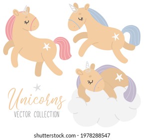 Vector set with different cute unicorns with stars and clouds on a white background