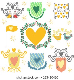 Vector set of different decorative elements. Bright wreath, emblems, vignettes with hearts, birds and floral elements.