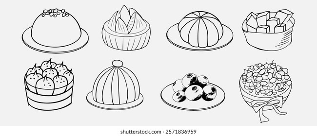 Vector set of different desserts and dishes. In the style of freehand drawing. Illustrations for culinary business, menu design, invitations. On a light background