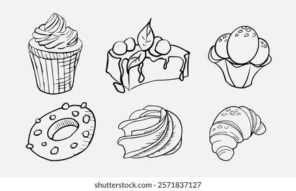 Vector set of different desserts. In the style of freehand drawing. For postcards, invitations, menu advertising