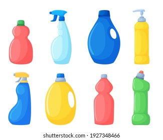 Vector set of different detergents. Cleaning products multicolored bottles, sprays. Illustration isolated on white background.
