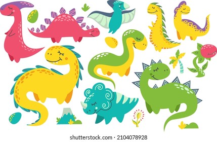 Vector set of different dinosaurs. Cute childish illustration. Collection of monsters. Prints for baby clothes